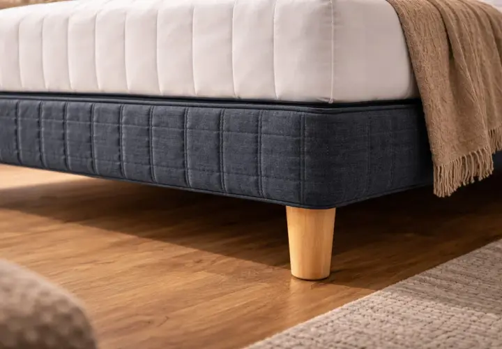 Un lit avec un sommier bleu foncé capitonné et des pieds en bois coniques. La hauteur du lit est celle d'un hauteur lit standard.