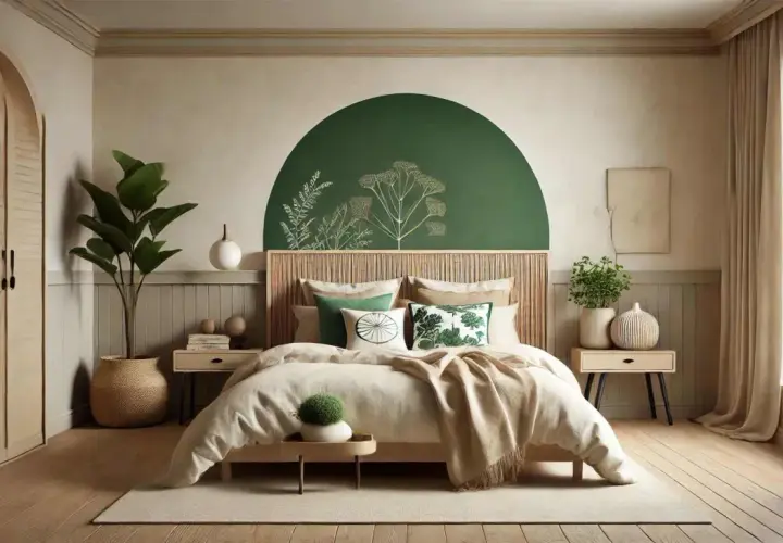 Une chambre parentale apaisante avec un mur vert orné de motifs végétaux. La décoration chambre parentale est complétée par des plantes et des coussins naturels.