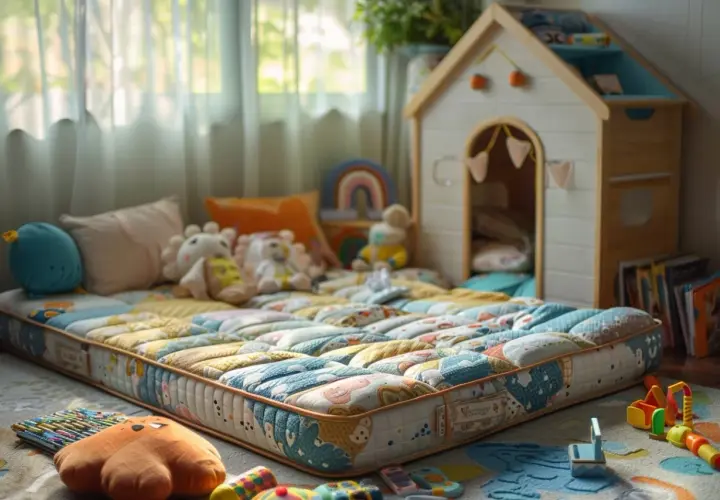 Un matelas au sol, entouré de jouets et de peluches, dans une chambre d'enfant. Idéal pour savoir quoi mettre sous un matelas au sol pour plus de confort.