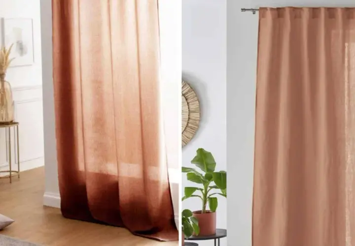 Quel rideau avec mur terracotta ! Un tissu léger aux dégradés chauds, apportant une touche naturelle et chaleureuse à l'espace.