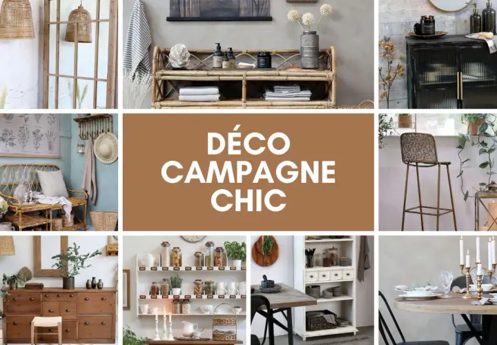 Ambiance **style rustique chic** avec des meubles en rotin, bois brut et métal. Décoration chaleureuse et naturelle.
