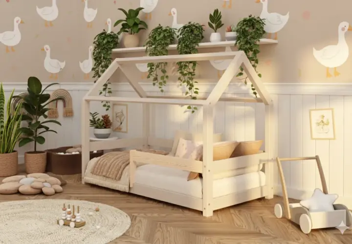 Chambre bébé paisible avec un lit en bois, des plantes vertes apportant une touche de nature et des décorations douces.