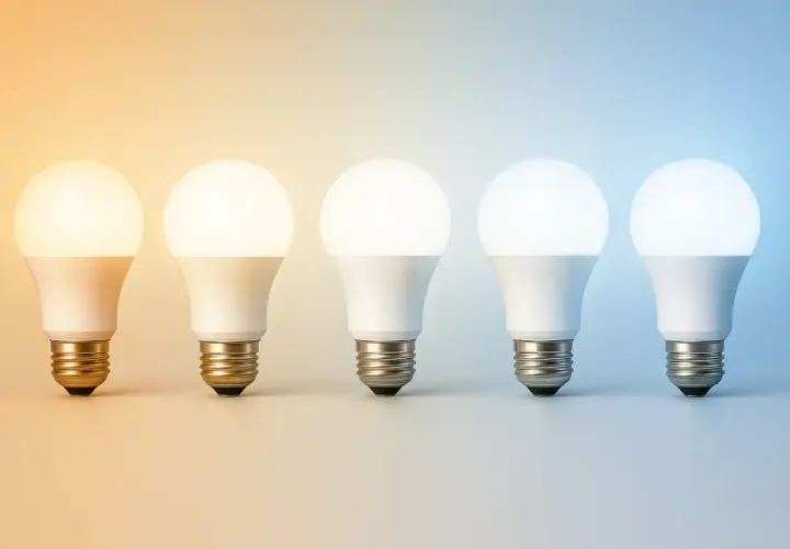 Cinq ampoules LED, de gauche à droite, passant d'une lumière chaude à une lumière froide. Qu'est-ce qu'une lampe ? C'est ce qui éclaire nos vies.