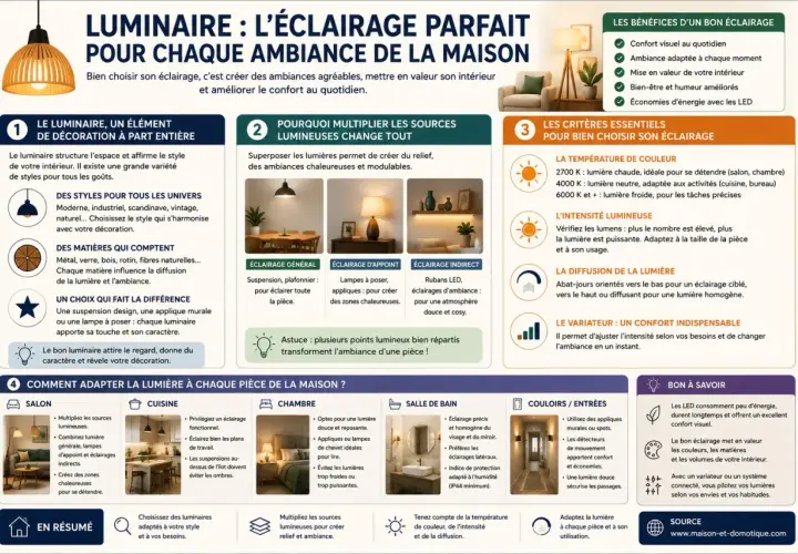 Guide pour un éclairage parfait : choisir le bon luminaire pour chaque pièce, en tenant compte de la température, de l'intensité et de la diffusion de la lumière.