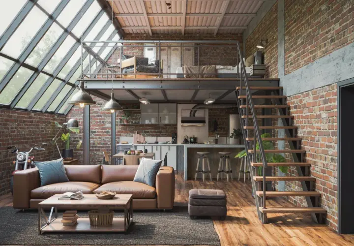 Un grand salon de style loft industriel avec des murs en briques apparentes, un canapé en cuir marron, une mezzanine avec un lit et une cuisine ouverte.