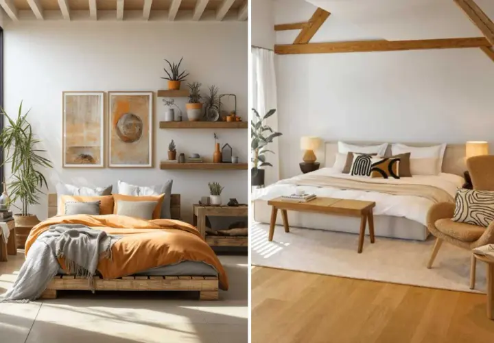 Ambiance cocooning chambre blanche et bois. Lits douillets, touches végétales et art mural pour un refuge paisible.