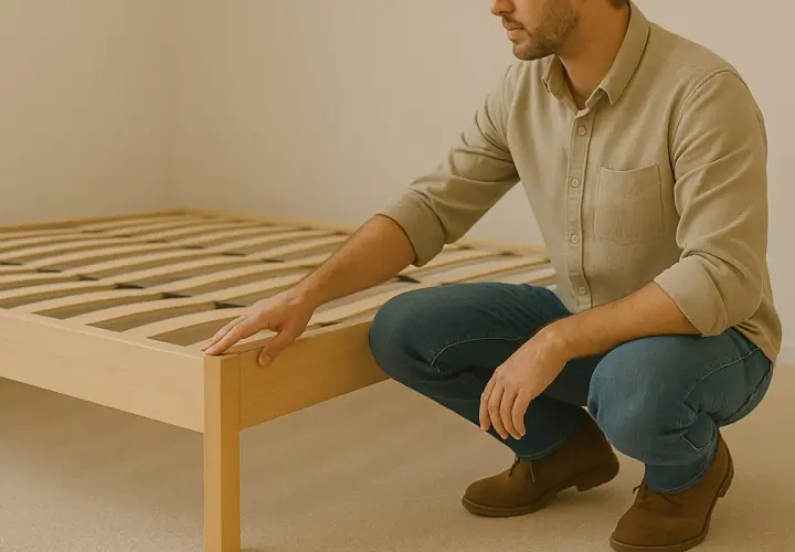 Un homme vérifie un grand lit en bois dans une petite chambre.