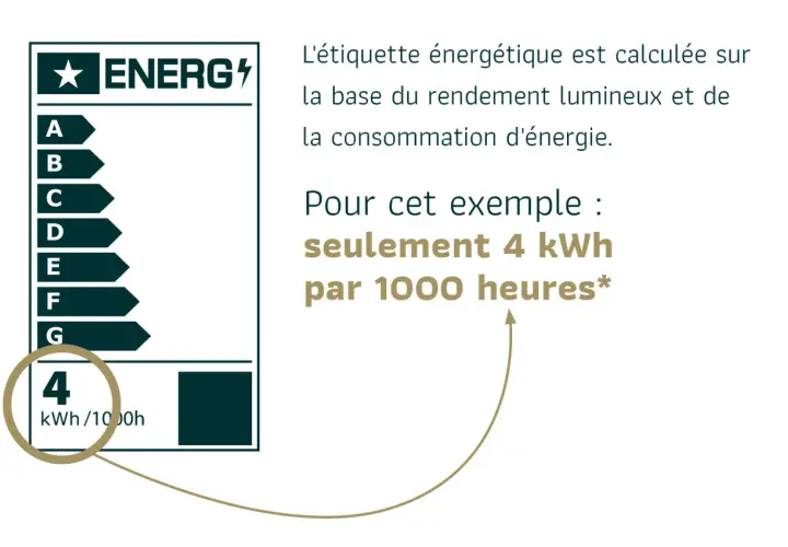 Étiquette énergétique d'un luminaire : 4 kWh/1000h. Ce symbole indique une faible consommation.