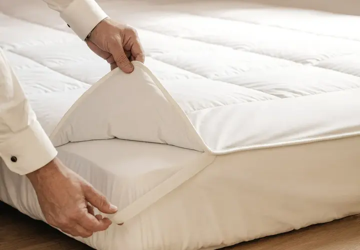 Un homme ajuste un surmatelas blanc sur un matelas. Il sert à améliorer le confort et la protection de votre literie.