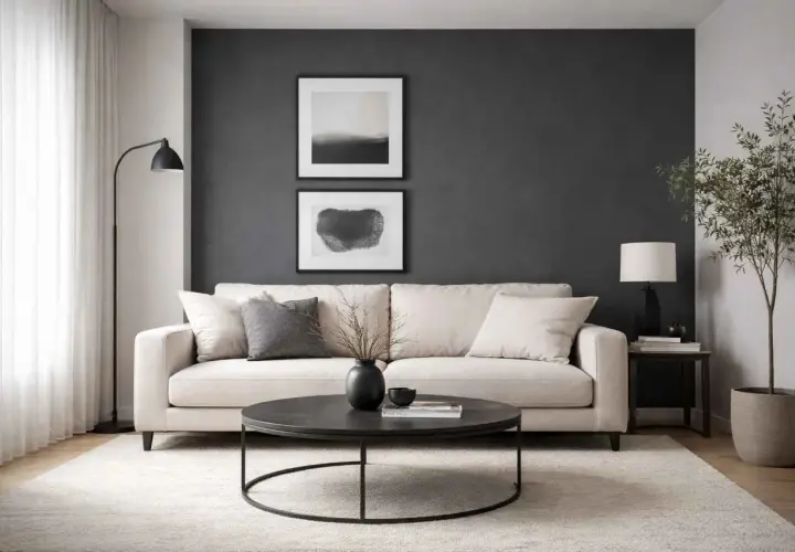 Salon gris avec canapé clair. Les rideaux blancs apportent de la douceur. Quel couleur de rideau pour un salon gris ? Le blanc est une option lumineuse.