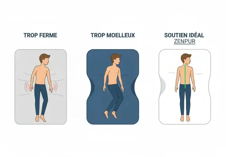 Illustration comparant le soutien d'un matelas trop ferme, trop moelleux, et le soutien idéal Zenpur, montrant l'alignement du corps selon le poids et la taille.
