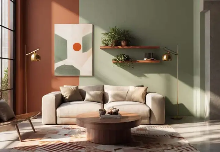 Salon moderne avec canapé clair, fauteuil en cuir, table basse en bois et mur bicolore, dont une partie est peinte en **couleur terracotta**.
