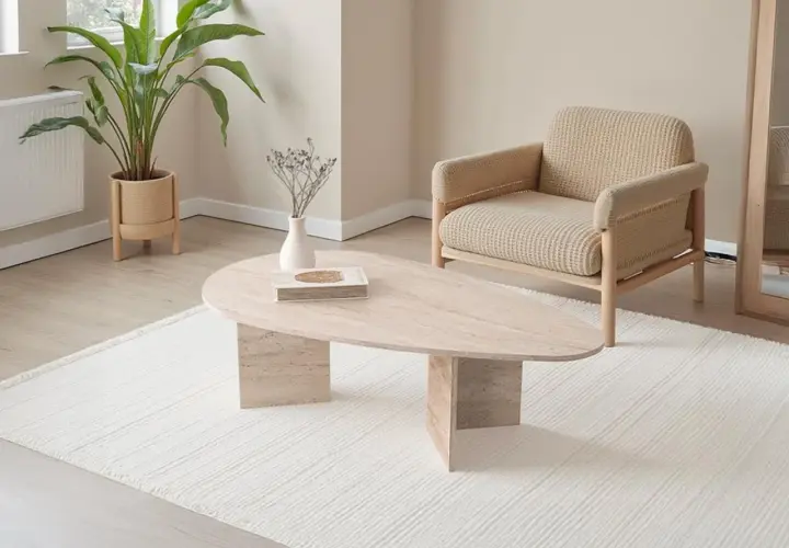 Table basse ovale en travertin, avec une plante verte et un fauteuil en tissu beige.