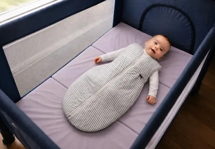 Bébé souriant dans un lit parapluie, sur un matelas adapté. La taille du matelas lit parapluie est parfaite pour le confort de bébé.