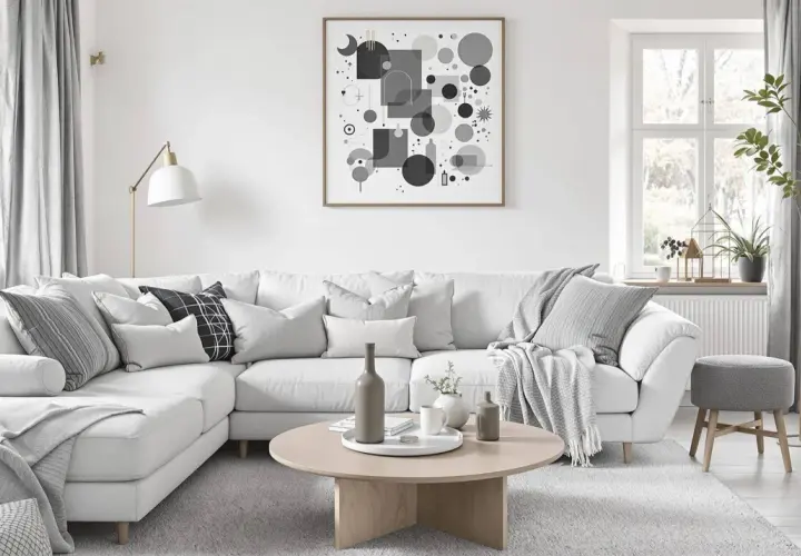 Un salon gris et beige invitant, parfait pour le cocooning. Un grand canapé blanc est orné de coussins douillets et d'un plaid. Une table basse en bois clair complète l'ensemble.