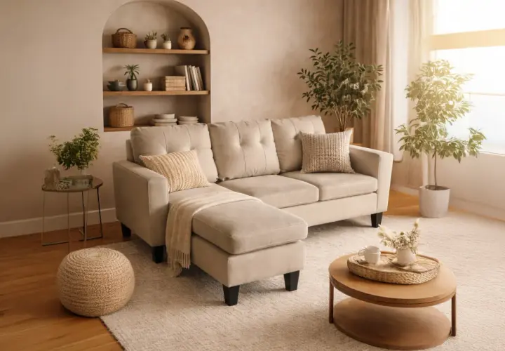 Canapé d'angle beige confortable, parfait pour un salon cosy. Ses dimensions sont idéales pour un espace 2 places.