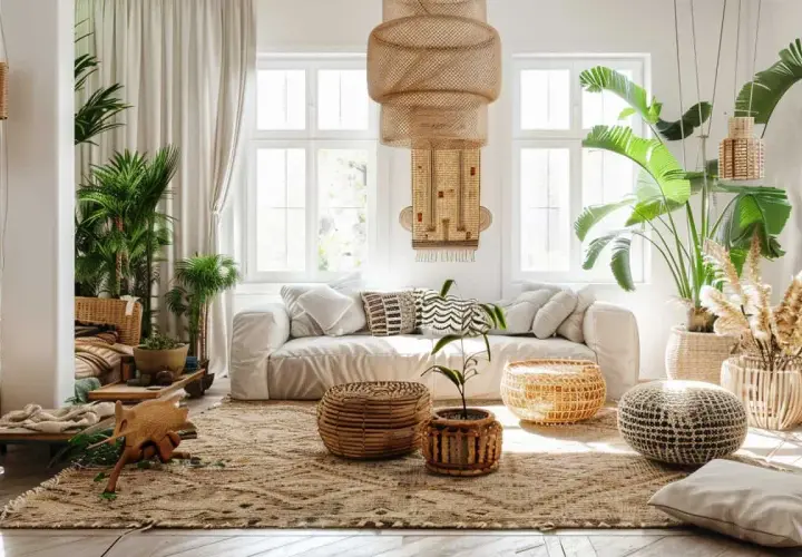 Salon lumineux avec canapé blanc, coussins ethniques, plantes luxuriantes et suspensions en rotin. Une belle idée déco nature pour un intérieur bohème et apaisant.