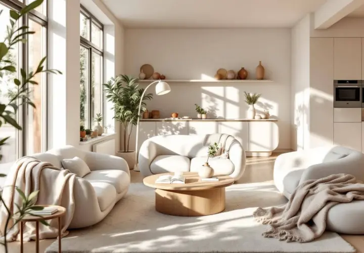 Un salon lumineux et aéré, baigné de soleil, avec des canapés blancs aux formes douces et une table basse en bois. L'ambiance est résolument style boho maison, avec des plantes vertes et des touches de terre cuite.