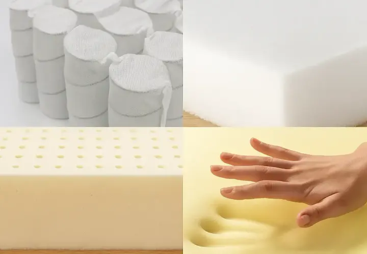 Comparaison de matériaux : ressorts ensachés, mousse blanche, latex perforé et mousse à mémoire de forme qui s'adapte à la main.