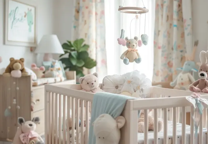 Lit de bébé rempli de peluches, avec mobile ours au-dessus. L'orientation du lit bébé pour bien dormir est suggérée par la douceur de la pièce.