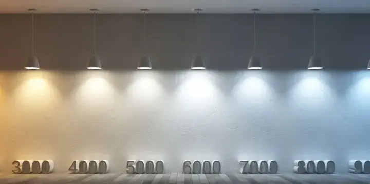 Éclairage LED montrant une gamme de température de couleur, du chaud (1000K) au froid (10000K), illuminant un mur texturé.