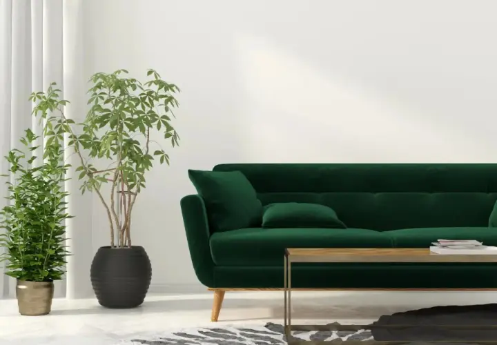 Un salon moderne avec un canapé vert profond. Des rideaux blancs et des plantes vertes apportent une touche de fraîcheur. Quelle couleur de rideaux avec un canapé vert ? Le blanc est un choix lumineux.