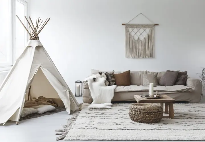 Un coin jeux dans un petit salon avec une tente tipi, un canapé confortable et un tapis douillet. Une idée parfaite pour un espace enfant cosy.