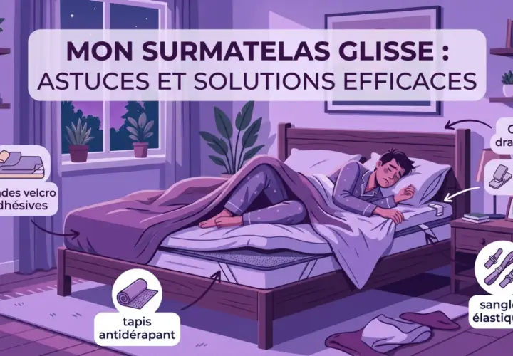 Un homme dort paisiblement, mais son surmatelas glisse sur le sommier. L'image montre des solutions pour éviter ce problème : tapis antidérapant, bandes velcro, sangles élastiques.