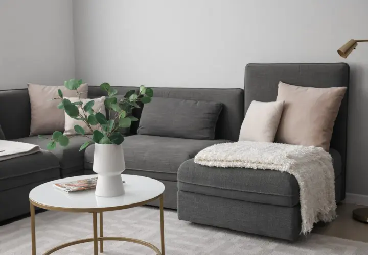 Comment disposer des coussins sur un canapé d'angle : des coussins roses et gris créent un look cosy.