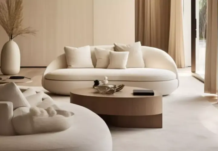 Un salon japandi épuré avec un canapé blanc incurvé, une table basse en bois et des touches de décoration naturelle.