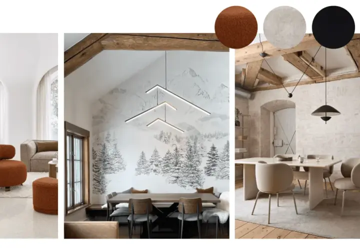 Ambiance chalet chic : fauteuils bouclette, papier peint montagne, et luminaires design.
