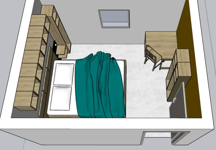 Aménagement d'une chambre 10m2 avec lit, bureau, étagères murales et fenêtre de toit.