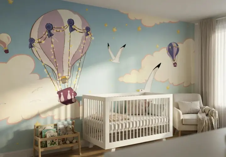 Aménagement chambre bébé avec mur décoré de montgolfières et d'oiseaux. Un berceau blanc, un fauteuil confortable et une étagère à livres complètent la pièce.