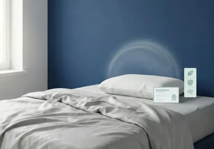 Un oreiller mémoire de forme, symbole de confort, peut présenter un danger s'il n'est pas bien aéré. Icônes de certification et de ventilation.