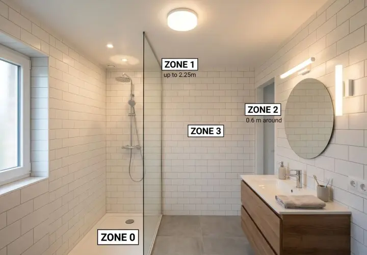 Salle de bain moderne avec douche, lavabo et miroir. Zones de sécurité électrique pour l'installation d'un ip pour salle de bain.