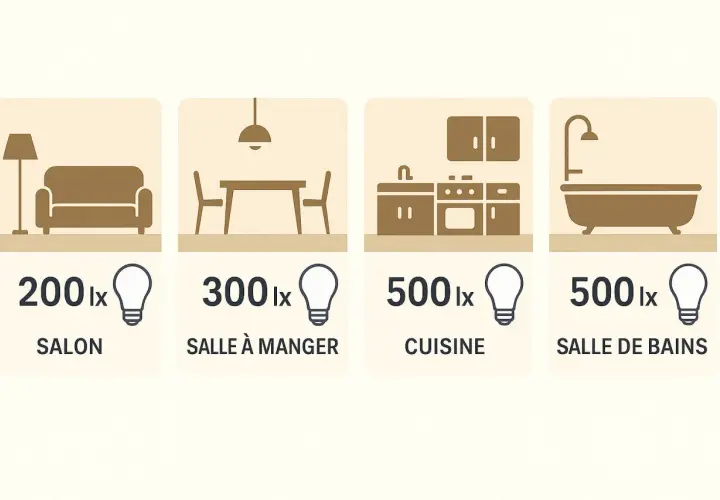 Tableau lumen : salon (200 lx), salle à manger (300 lx), cuisine (500 lx), salle de bains (500 lx).