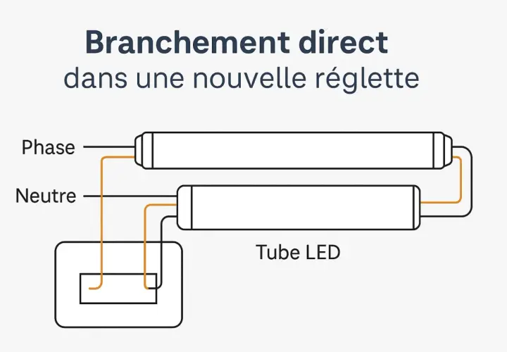 Schéma de branchement direct d'un tube LED dans une nouvelle réglette, montrant la connexion de la phase et du neutre.