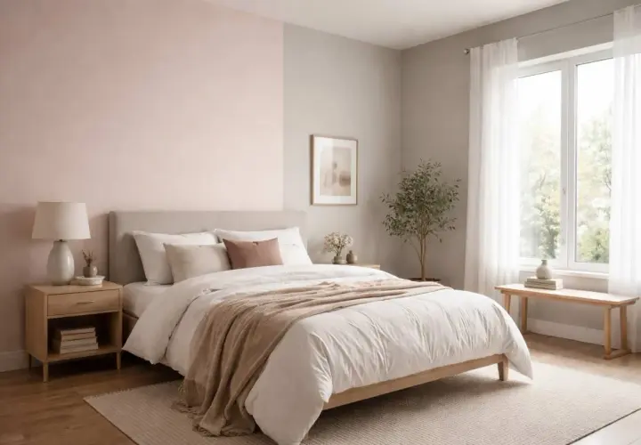 Douce deco chambre rose poudré et blanc, avec un lit confortable, une table de chevet en bois et une grande fenêtre lumineuse.