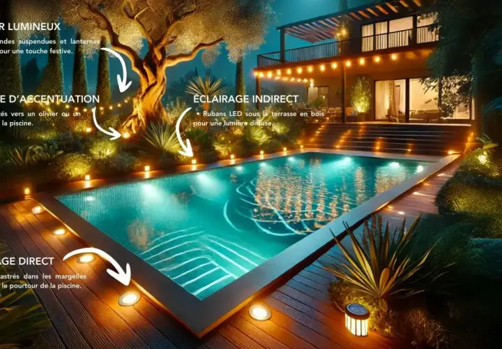 Un bassin illuminé par des spots et des guirlandes, créant une ambiance féerique autour de la piscine.