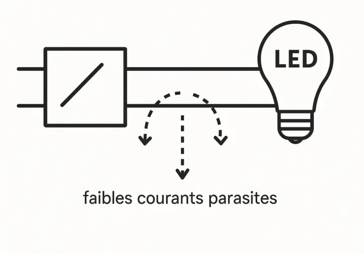 Schéma montrant le remplacement d'un tube halogène par une LED, avec des flèches indiquant de faibles courants parasites.