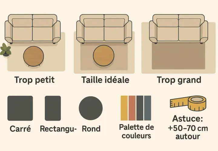 Guide pour la dimension tapis salon : trop petit, taille idéale, trop grand. Formes et palette de couleurs. Astuce : +50-70 cm autour.