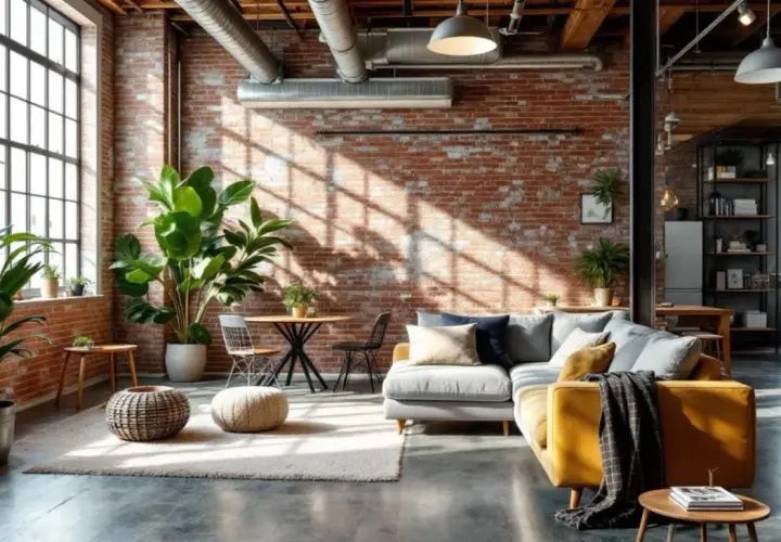 Un salon cosy où l'ambiance industrielle et naturelle se marient. Briques apparentes, grandes plantes vertes et mobilier confortable créent un espace chaleureux.