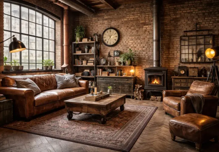Un salon chaleureux avec canapé en cuir marron, table basse en bois, poêle à bois et une belle **idée déco industriel** avec murs en briques.