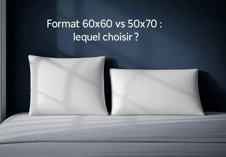 Deux oreillers blancs, un carré (60x60) et un rectangulaire (50x70), sur un lit. Lequel choisir pour un sommeil parfait ?