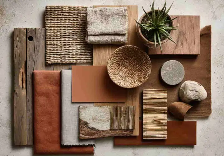 Palette naturelle : bois vieilli, tissages bruts, cuir et échantillons de couleur, quelle couleur avec terracotta ? Tons terreux, gris pierre et vert végétal s'harmonisent.