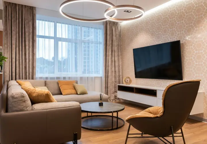 Salon moderne avec canapé, fauteuil, table basse et TV. Le **plan éclairage** met en valeur les suspensions circulaires et l'applique murale.