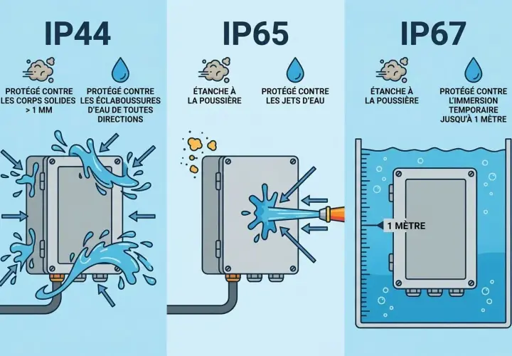 Comparaison des indices de protection : IP44 (éclaboussures), IP65 (jets d'eau) et IP67 (immersion jusqu'à 1 mètre).