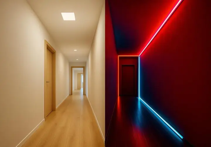 Un couloir long et étroit, divisé en deux. D'un côté, un éclairage doux et naturel. De l'autre, un éclairage néon rouge et bleu, créant une ambiance futuriste.