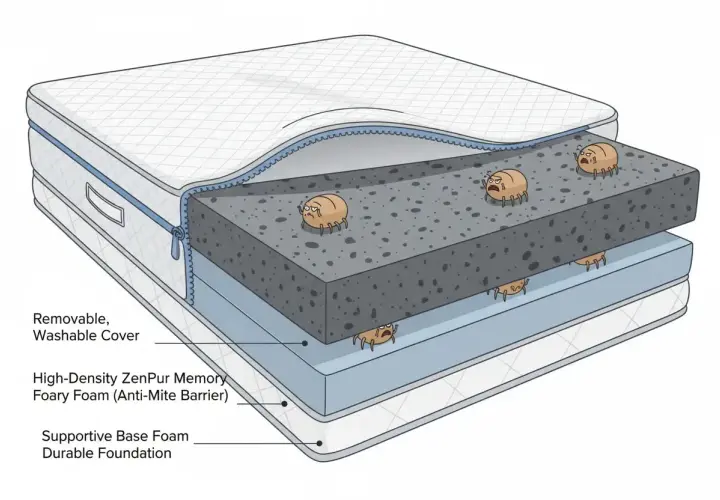 Coupe d'un matelas montrant des acariens, cause fréquente d'allergie matelas. La mousse à mémoire de forme haute densité agit comme une barrière anti-acariens.