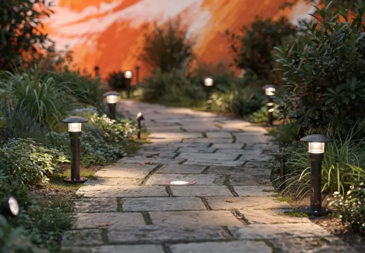 Allée pavée illuminée par des bornes discrètes, créant un éclairage d'allée carrossable chaleureux et sécurisant.